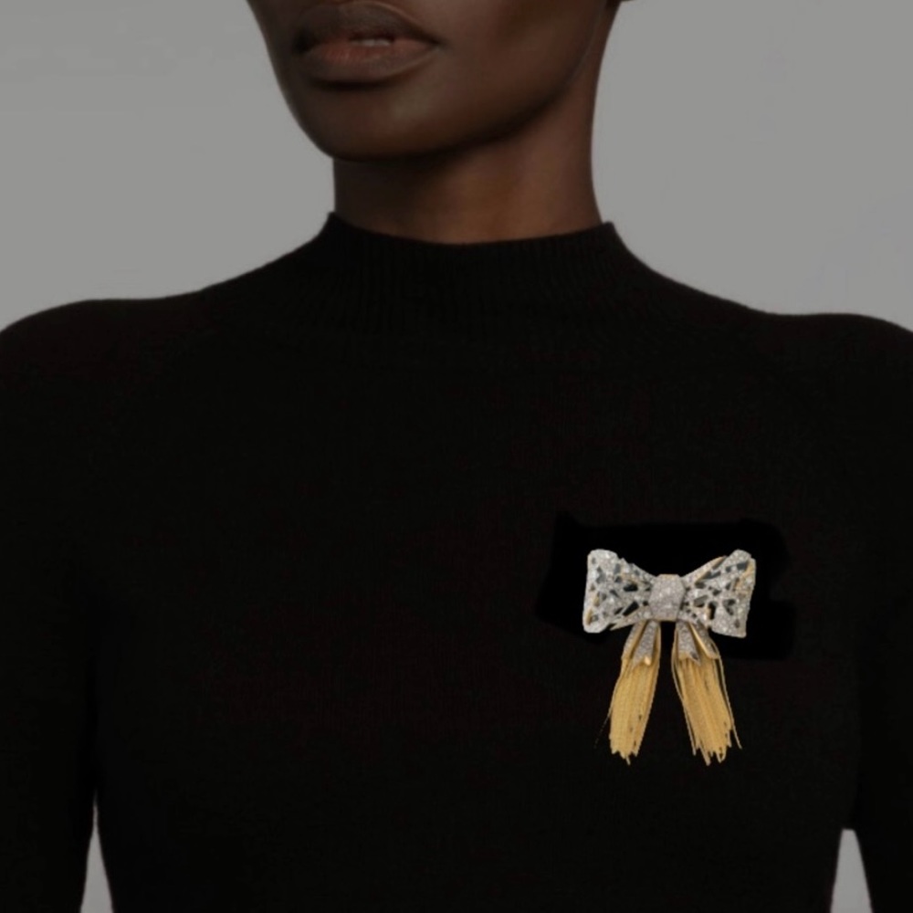 ALEXIS BITTAR Silver Mosaic Origami Crystal Bow Gold Fringe ‘Ribbon’ Brooch